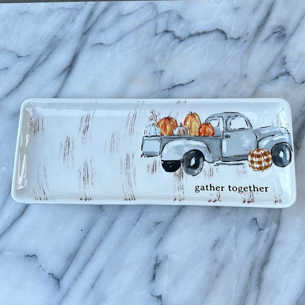 Gather Together tray w/ antique truck full of pumpkins Autumn Thanksgiving RARE